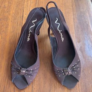 VTG brown satin rhinestone sling back 4” heels 8.5